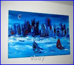 CITY BLUE Original Oil Painting on canvas IMPRESSIONIST KAZAV 6wqeg54