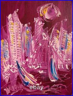 CITYSCAPE PURPLE original Oil On Canvas PAINTING STRETCHED