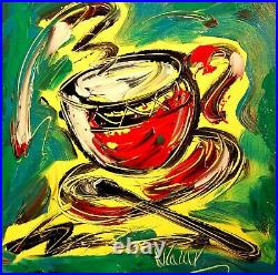 COFFEE LOVE ART Original Oil Painting on canvas IMPRESSIONIST KAZAV 45T34