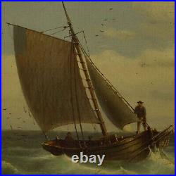 Ca. 1850 Old oil painting Seascape, sailing boat by a rocky coast 26,8 x 20,5 in