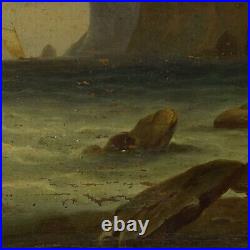 Ca. 1850 Old oil painting Seascape, sailing boat by a rocky coast 26,8 x 20,5 in