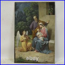 Ca. 1900-1930 old oil painting Oil Holy Family with angels 19,1 x 12,8 in