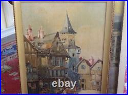 Charming Old Village Oil Painting in Original Frame