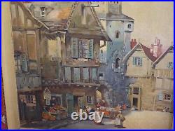 Charming Old Village Oil Painting in Original Frame