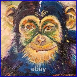 Chimpanzee, Monkey, 12x12, Original Oil Painting, Framed, Signed Art Chimp