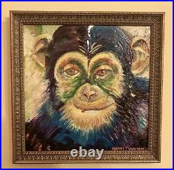 Chimpanzee, Monkey, 12x12, Original Oil Painting, Framed, Signed Art Chimp Decor