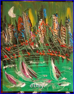 Cityscape Green City Abstract Music Art Original Oil Painting Bherh