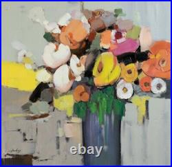 Contemporary Abstract Floral Oil Painting 36 Inch Square Colorful Blossoms Art