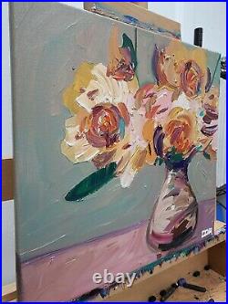 Corbellic Impressionist 14x14 Yellow Roses Table Original Canvas Gallery Art Nr