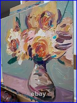 Corbellic Impressionist 14x14 Yellow Roses Table Original Canvas Gallery Art Nr