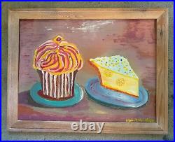 Cupcake and Pie, 27.75x21.25, Original Acrylic Painting, Signed Art, Wood Frame