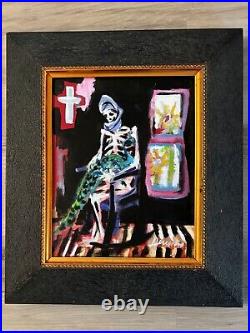 Derusha Acrylic Painting/ Canvas Seated Skeleton and Cross Signed, Excellent