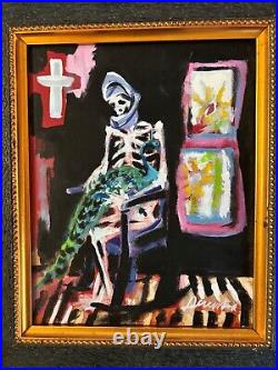 Derusha Acrylic Painting/ Canvas Seated Skeleton and Cross Signed, Excellent