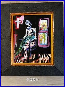 Derusha Acrylic Painting/ Canvas Seated Skeleton and Cross Signed, Excellent