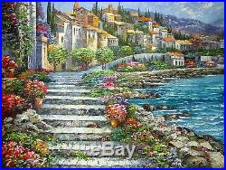 Dream-art Impressionism Oil painting Mediterranean sea landscape house flowers