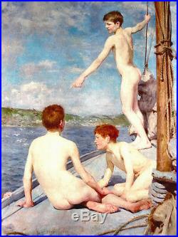 Dream-art Oil painting Henry Scott Tuke gay Nude young boys on the sail boat