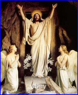 Dream-art Oil painting Resurrection Christ Jesus angel and white flowers by tomb
