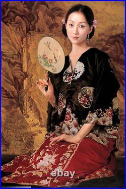 Dream-art Oil painting beautiful Chinese young lady with fan on canvas 24x36