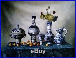 Dream-art oil painting Chinese blue and white porcelain vases & lotus 24x36