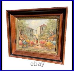 Emery Walton Style Antique Oil Painting Colorful Village Scene Frame Vintage