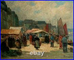 Eugene Demester Oil on canvas Harbor and Fish-market View, 15.5 x 18.5