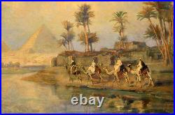 Exquisite Oil painting Arabs on camels by sunset river with Egyptian Pyramids
