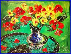 FLOWERS ART GREEN Pop Art Painting Original Oil On Canvas Gallery Artist