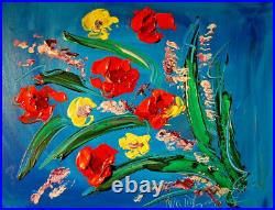 FLOWERS ON BLUE Art Painting Original Oil Canvas Gallery Artist IMPRESSIONIST