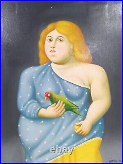 Fernando Botero Great Oil On Canvas 1990 Mujer Con Loro With Frame Very Nice