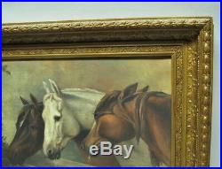 Fine 19th C. Oil Painting on Canvas THREE HORSES DRINKING c. 1870 antique