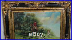 Fox Hunting Oil Painting Equestrian Dogs Signed Large Frame 47x35
