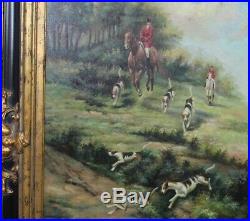 Fox Hunting Oil Painting Equestrian Dogs Signed Large Frame 47x35