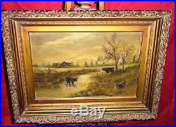 Framed Antique Oil Painting On Canvas Cows In Stream Louise Race Townsend