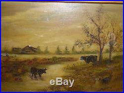 Framed Antique Oil Painting On Canvas Cows In Stream Louise Race Townsend