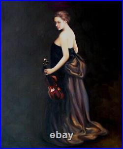 Framed Elegant Female Violinist, Quality Hand Painted Oil Painting 20x24in