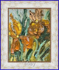 Framed Irises Original Oil Painting On Canvas Impressionism Iris Flower Artwork