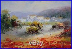 Framed Original Oil Painting, Red Field Landscape, French Scenery, Jean Paul