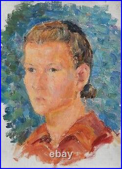 Girl Woman Female Portrait Oil Painting on canvas Original Antique Soviet Art