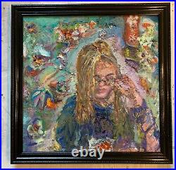 Girl w Kaleidoscope Eyes, 28x28, Original Oil Painting, Black Gallery Frame