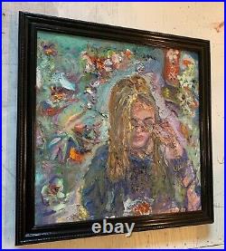 Girl w Kaleidoscope Eyes, 28x28, Original Oil Painting, Black Gallery Frame
