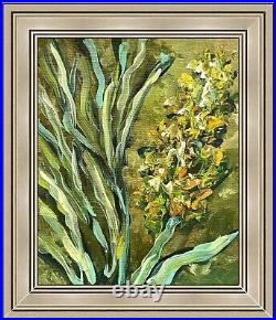 Green Floral Painting Framed Original Oil Painting On Canvas Yellow Flowers Art