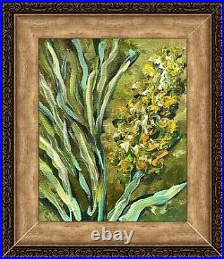 Green Floral Painting Framed Original Oil Painting On Canvas Yellow Flowers Art