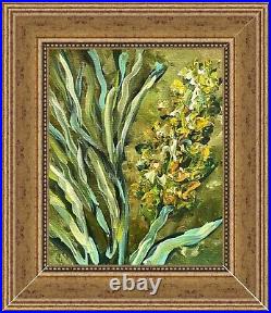 Green Floral Painting Framed Original Oil Painting On Canvas Yellow Flowers Art