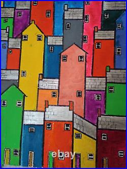HOME HAND PAINTED OIL PAINTING ON CANVAS CM 90x60 LANDSCAPE COLOURFUL ART TOWN