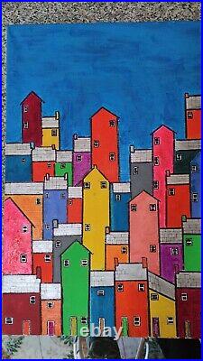 HOME HAND PAINTED OIL PAINTING ON CANVAS CM 90x60 LANDSCAPE COLOURFUL ART TOWN