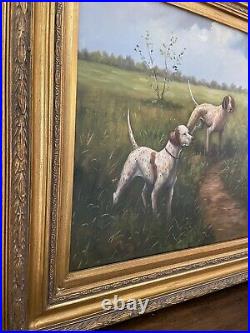 HUNTING DOGS Painting, Oil on Canvas 32x28, English Style, Gilded Wood Frame