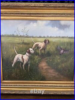 HUNTING DOGS Painting, Oil on Canvas 32x28, English Style, Gilded Wood Frame
