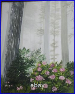 Hand Painted Art Oil Painting on Canvas Framed. Forest, Trees, Bush, Flowers