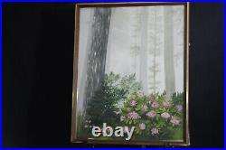 Hand Painted Art Oil Painting on Canvas Framed. Forest, Trees, Bush, Flowers