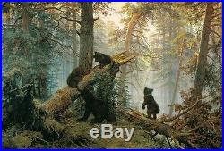 Hand painted Oil painting Shishkin Levitan wild animals black bears in forest